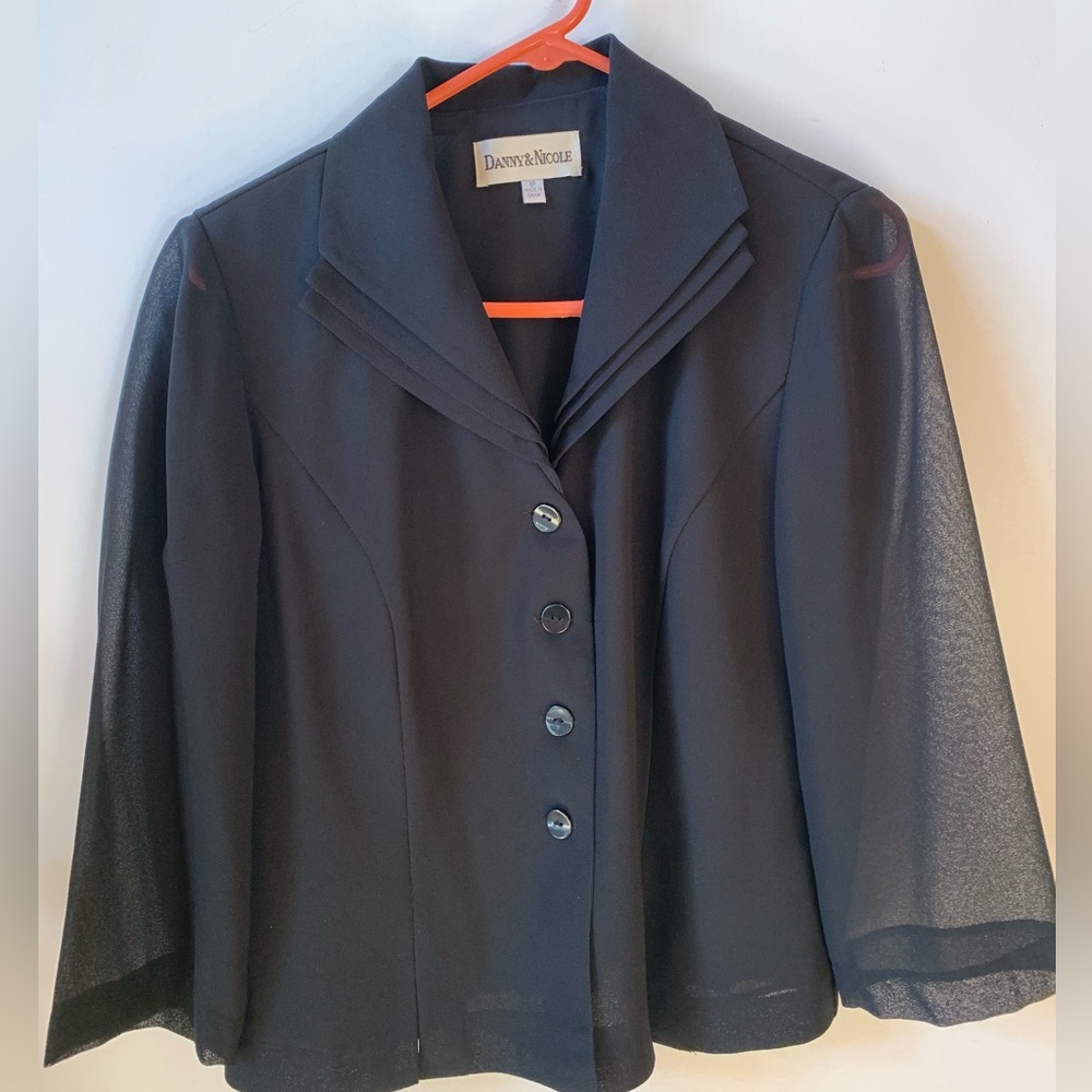 Danny & Nicole Black Blazer Button Down Dress Jacket with sheer sleeves 8P